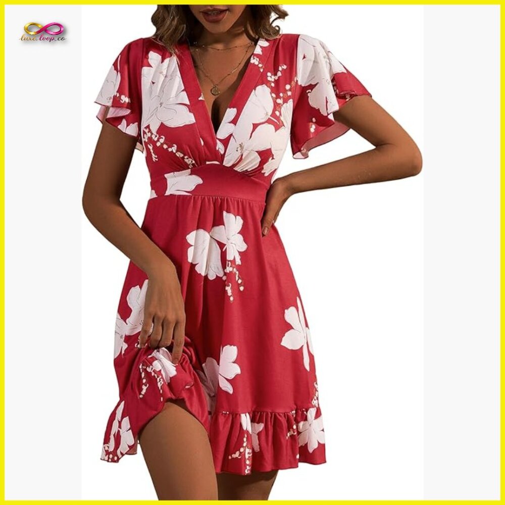 Floral Wrap V-Neck Ruffle A-Line Sun Dress Cap Sleeve Summer Casual Chic